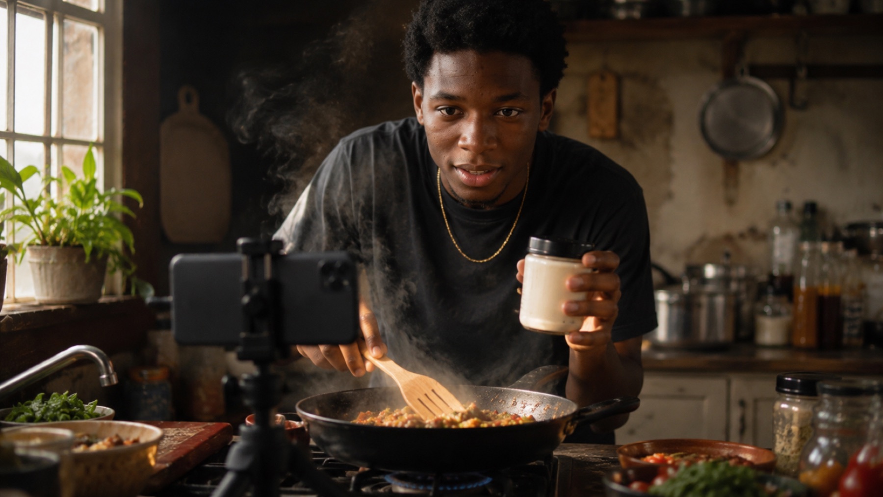 A young South African creator filming content in natural daylight